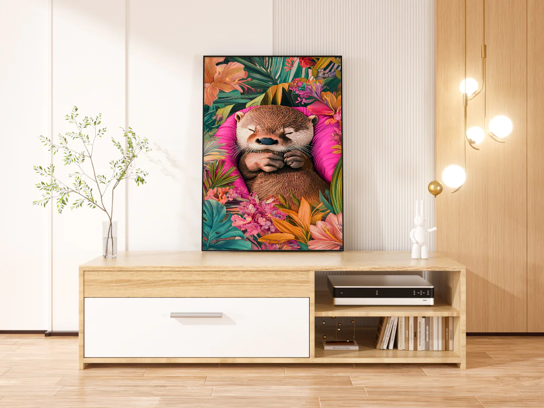 Adorable Otter Printable Wall Art Surrounded by Vibrant Tropical Flowers 300DPI