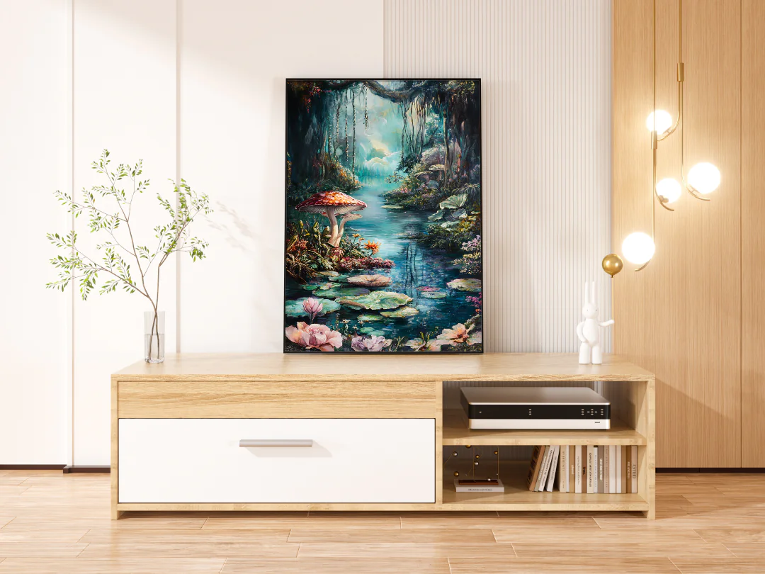 Serene Fantasy Forest with Colorful Mushrooms and Tranquil Water Lily Pond Printable Art