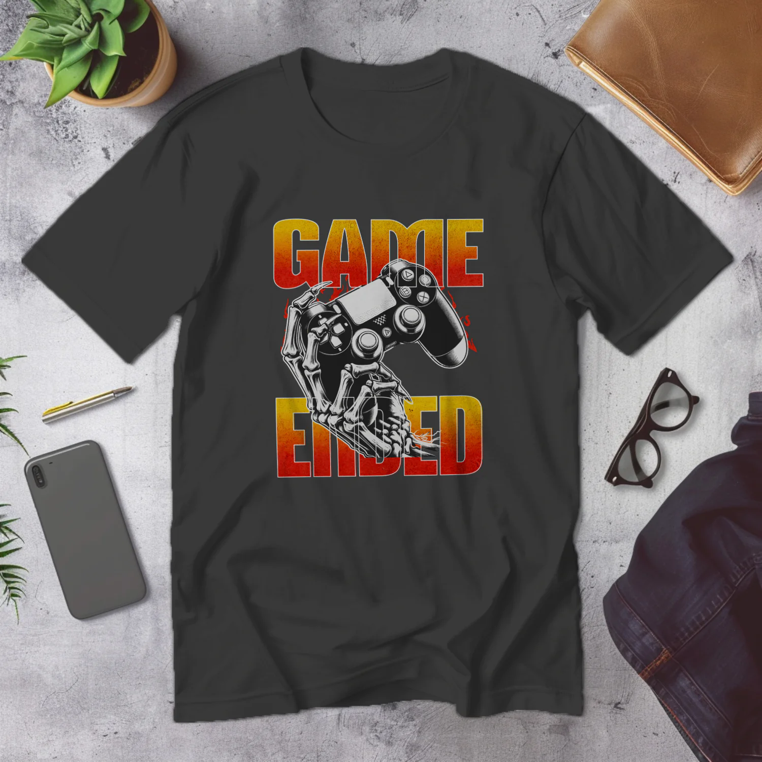 Skeletal Gamer T-Shirt Graphic - Game Ended Design for Print 300DPI