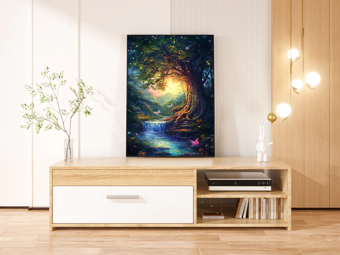 Enchanting Forest Oasis with Waterfall and Butterflies Printable Wall Art 300DPI
