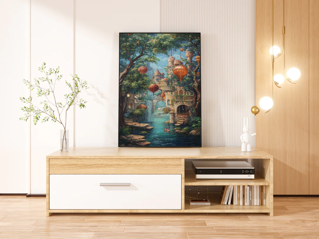 Enchanted River Cityscape with Floating Lanterns Printable Wall Art 300DPI