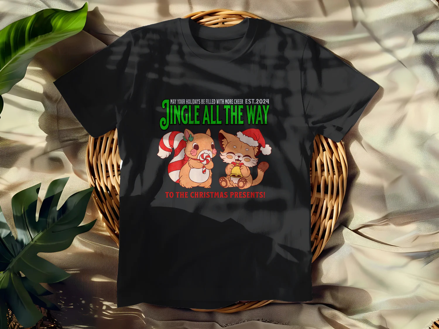 Jingle All the Way Christmas T-Shirt Design with Cute Animals and Holiday Cheer