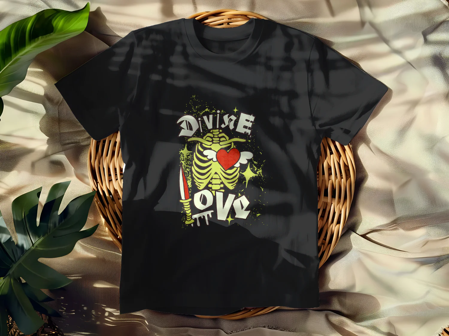 Divine Love Skeleton T-Shirt Design with Heart and Wing Elements