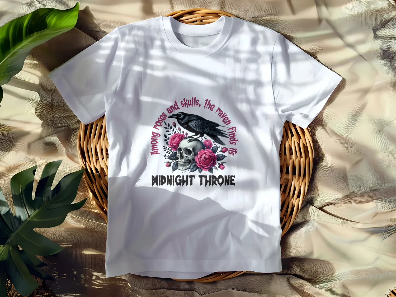 Raven Skull and Roses T-Shirt Design for Midnight Throne Lovers