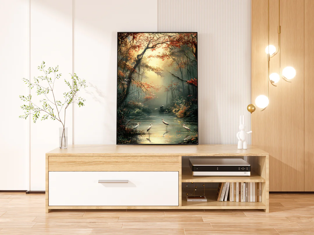 Serene Autumn Reflection with Egrets - Printable Wall Art 300DPI for Elegant Home Decor