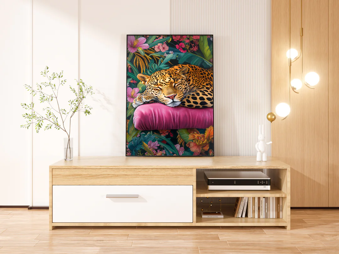 Serene Leopard in Vibrant Floral Paradise Art Print